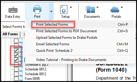 Select the forms and then choose Print > Print selected forms